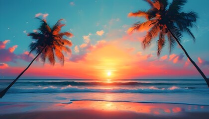 Wall Mural - Abstract digital sunrise over beach with vibrant sea colors, creating a captivating graphic poster background