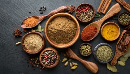  A rustic setup with different spices in wooden spoons and bowls, laid out on a dark stone su