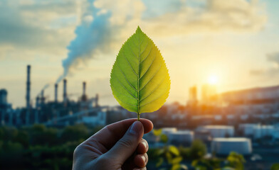 Hand holding a vibrant green leaf, clear reflection of industrial pollution in the background, symbolizing the contrast between genuine environmental efforts and deceptive greenwashing