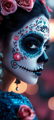 Canvas Print - A woman wearing sugar skull makeup for Dia de Los Muertos. 