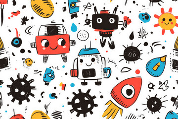 Wall Mural - A fun doodle pattern featuring smiling robots, gears, and rockets in bold colors, designed for kids' fabric or wallpaper.