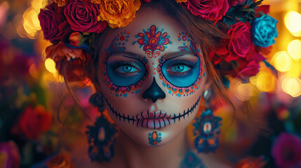 Canvas Print - A woman wearing sugar skull makeup for Dia de Los Muertos. 