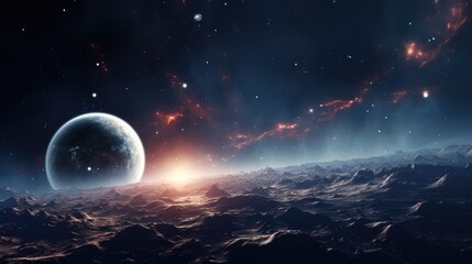 Wall Mural - A breathtaking view of a distant planet, bathed in the warm glow of a distant sun.