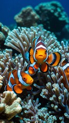 Wall Mural -  Colorful clownfish swimming among coral and anemones in vibrant ocean scene for underwater wallpaper