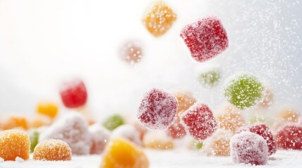 Colorful fruit marmalade sweets: Flying with icing sugar on white background
