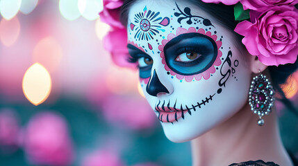 Canvas Print - A woman wearing sugar skull makeup for Dia de Los Muertos. 