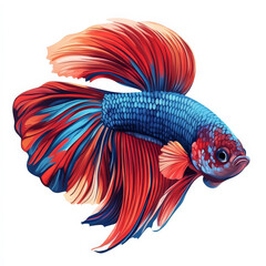 Flat illustration of a colorful betta fish swimming gracefully, featuring bold red and blue tones, isolated on white.