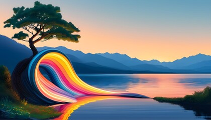 Poster - Vibrant Light Sculptures Creating Colorful Waves by a Lake with a Tree in the Background Landscape Illustration