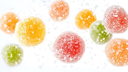 Colorful fruit marmalade sweets: Flying with icing sugar on white background
