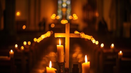 A cross illuminated by candlelight in a church, symbolizing faith in times of reflection and prayer