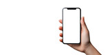 Nowoczesny smartfon o przezroczystym ekranie, trzymany w dłoni. Przezroczyste tło sprawia, że telefon idealnie wpasowuje się w różnorodne projekty technologiczne.