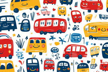 Wall Mural - A doodle-style pattern with smiling cars, trucks, and buses in bright reds, yellows, and blues, perfect for a playful children's wallpaper.