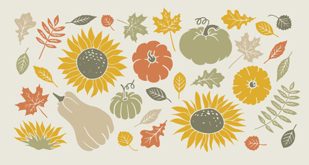Wall Mural - Fall leaves, sunflowers and pumpkins. Autumn nature doodle elements. Graphic background with hand drawn illustration. Maple, oak and rowan leaf sketch.