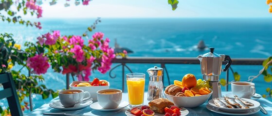 Sticker - food is served at outdoor tables overlooking the sea