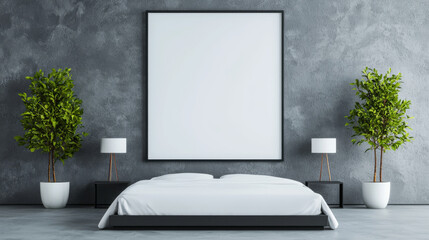 Poster - Minimalist bedroom with a large blank canvas above the bed.