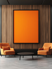 Canvas Print - Modern living room with orange chairs and a large orange picture frame.