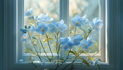 Wall Mural - light blue flowers gracefully displayed against a serene window backdrop