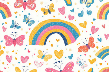 Wall Mural - Doodle-style design with cheerful rainbows, hearts, and butterflies in bright pinks, yellows, and blues, perfect for kidsâ€™ fabric or wallpaper.