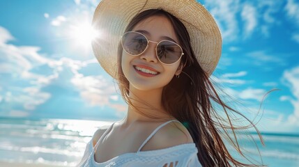 Canvas Print - a woman in glasses and a straw hat enjoying the summer