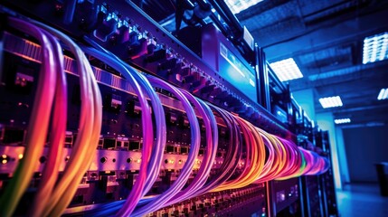 Wall Mural - a close-up of colorful cables connecting to a server rack in a data center. the vibrant hues create 