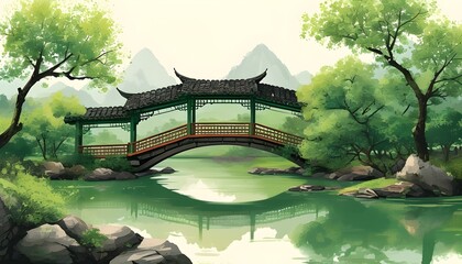 Wall Mural - Charming Traditional Chinese Art Featuring a Green Bridge Over a River Surrounded by Lush Trees in a Serene Village Setting