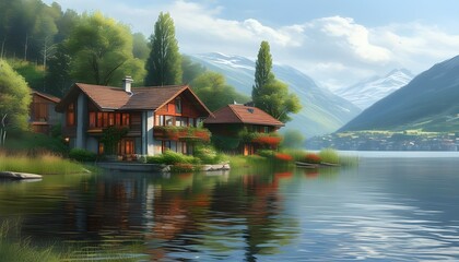 Wall Mural - Summer Serenity: A Realistic Landscape of a House by the Tranquil Lake