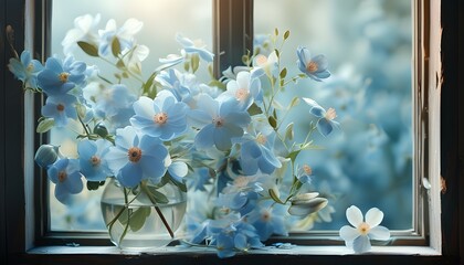 Wall Mural - light blue flowers gracefully displayed against a serene window backdrop