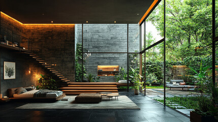 Poster - Modern bedroom with large windows overlooking a lush garden.