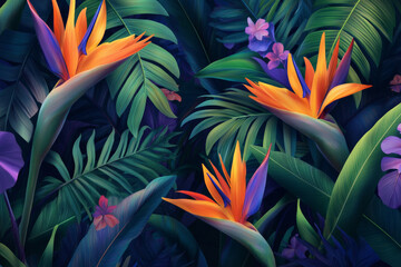 A tropical floral background with exotic birds of paradise flowers in vivid orange and purple hues, surrounded by lush green palm leaves.