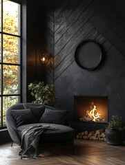 Canvas Print - Cozy living room with a fireplace and a plush armchair.