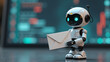 © hd pics - cute robot toy with envelope in hand. concept of virtual e mail marketing service, email database, newsletter, virtual help.
