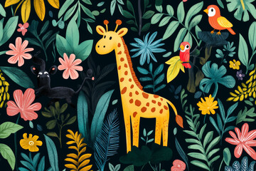 Doodle design with cute jungle animals like giraffes, monkeys, and parrots, surrounded by tropical plants, perfect for kids' prints or fabric.