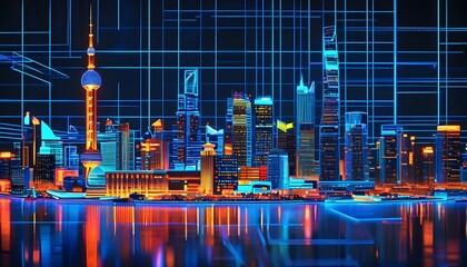 Holographic blueprint of a minimalist cityscape with intricate neon blue patterns illuminating iconic landmarks on a pitch-black backdrop