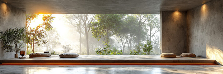 Sticker - Tranquil meditation room with a view of lush green forest.