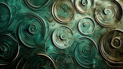 Poster - Abstract background with swirling circles in green and gold tones.