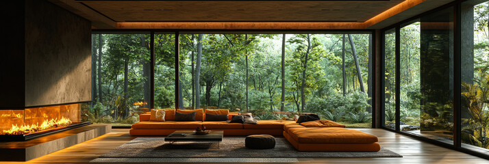 Sticker - Modern living room with a fireplace and large windows overlooking a lush forest.