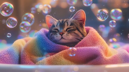 Sleeping kitten wrapped in rainbow towel with