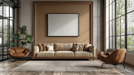 Canvas Print - Spacious living room with large windows, a comfy sofa, and a modern armchair.