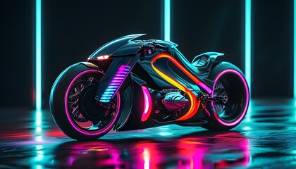 Wall Mural - Futuristic motorcycle racing through neon-lit darkness, rider leaning forward as colorful light streaks illuminate the scene.