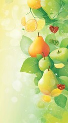 Wall Mural - Bright abstract design with fruits.green apples, yellow pears and berries, surrounded by flowing colored lines. natural health and well-being. Promoting healthy lifestyle and diabetes prevention. AI.