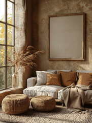 Canvas Print - Cozy living room with a large framed canvas, a white couch, and two woven ottomans.