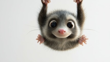 Playful 3D Cartoon Opossum Exploring Upside Down on White Background