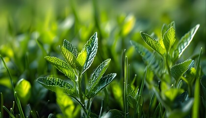 Lush green grass showcasing dense growth and intricate textures of freshly cut blades in a detailed close-up