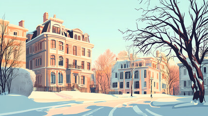 Poster - Winter in the city, generative ai, landscape, architecture, chasny house, background, modern, art nouveau. Art Nouveau. Illustration