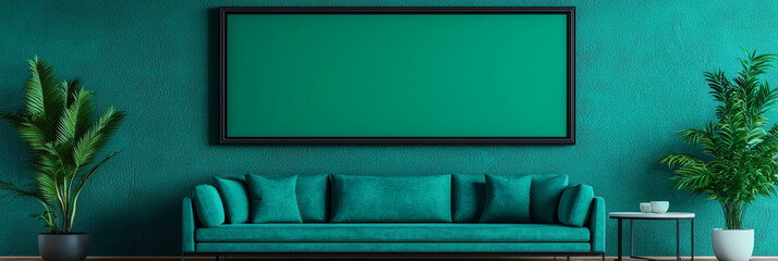 Wall Mural - Teal living room with a couch, plants, and a large frame on the wall.