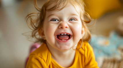 A baby girl with bright blue eyes laughs with her mouth open wide.