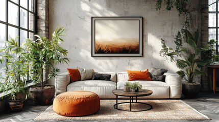 Wall Mural - A white sofa with orange throw pillows in a modern living room with plants.