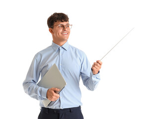 Poster - Male teacher with laptop and pointer on white background