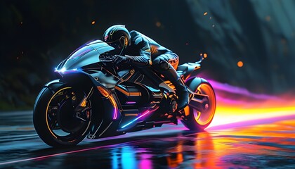 Wall Mural - Futuristic motorcycle racing through neon-lit darkness, rider leaning forward as colorful light streaks illuminate the scene.