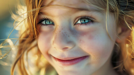 A close-up portrait of a young girl with freckles and blue eyes smiling.